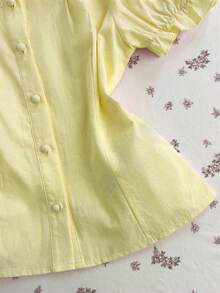 Elamini Women's Pink Peter Pan Collar Petal Sleeve Embroidered Floral Lace Patchwork Decorative Regular Blouse - Yellow - View 5