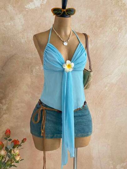 Roelina Camiseta de tirantes con cuello transparente y decoración floral, estilo vacacional para mujer
