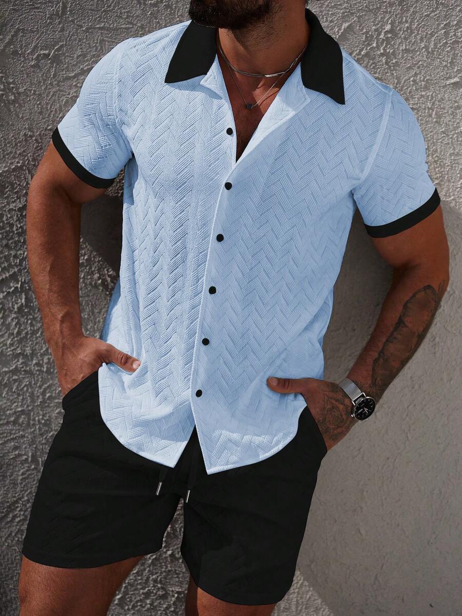 Manfinity CasualCool 2pcs Men's Contrast Color Shirt And Solid Shorts Set - Multicolor - View 1