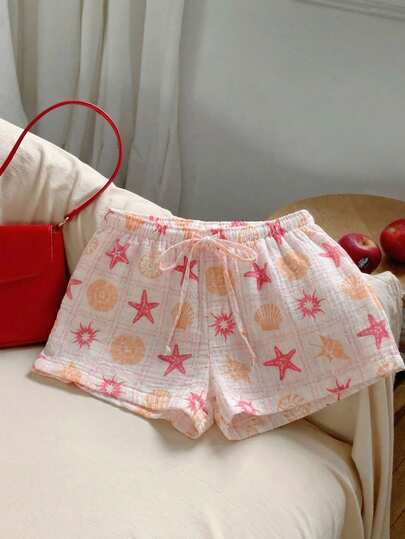 SHEIN EZwear 2026 Spring/Summer New Shell Plaid & Ocean Print Double-Layer Chiffon Elastic Waist Loose Casual Shorts, Suitable For Beach Vacation, Leisure Outings, Y2K 2000s Style, Essential For Spring Break