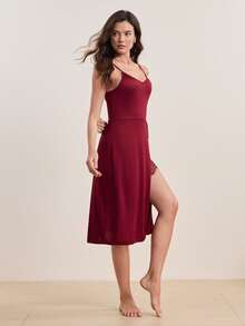 SHEIN 对比色蕾丝性感女士开衩睡衣睡裙 - 酒紅色 - 查看 7