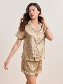 LuxeNights Leopard Jacquard Contrast Piping Satin Blouse & Shorts PJ Set / Pajama Set - Army Green - View 6