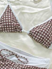 Swim Mod 女士沙滩装格子印花性感运动短裤比基尼套装，棕色沙滩泳衣，适合情人节、新年派对、度假、春夏泳装 - 棕色 - 查看 8