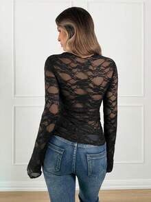 Siren Gaze Women's Lace Patchwork Fitted T-Shirt, Autumn/Winter New Arrival - Black - View 2