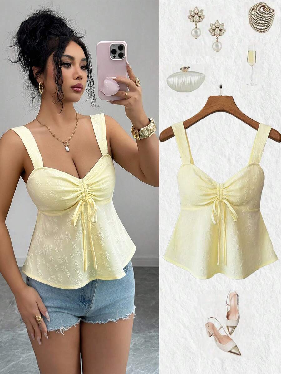 Selianne Women's Pale Yellow Summer Elegant Textured Jacquard Tank Top,Cute Babydoll Blouse,Patterned Sleeveless Shirt For Brunch,Fashionable Crew Neck - Yellow - View 1