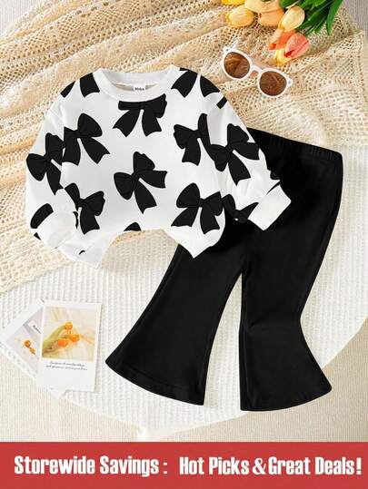 SHEIN 一套年轻女孩休闲时尚可爱蝴蝶结图案圆领卫衣和喇叭裤套装，适合秋冬季穿搭，秋季户外休闲和趣味造型服装