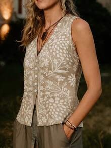 Women's All-Over Print Single-Breasted Casual Versatile Daily Wear Top - Khaki - View 4