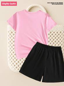 SHEIN 女童粉色T恤黑色短裤套装（2件套），KPOP金色女巫主题，可爱舒适，适合日常穿着，春、夏、秋、冬四季皆宜。 - 粉色 - 查看 2