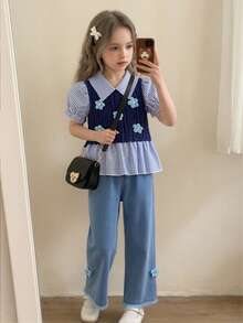 SHEIN Playful Pals 2pcs/Set Toddler Girls' Fashion Cute Casual Denim Outfit, Puff Sleeve Shirt With Collar, Colorblock & 3D Flower Decor + 3D Flower Denim Pants, Spring/Summer - Navy Blue - View 8