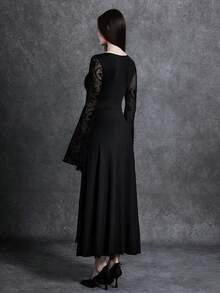 Glisette Retro Dark-Toned Flocked Mesh Flare Sleeve Fitted Mid-Length Dress For Women - Black - View 2