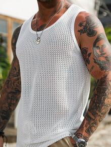 Manfinity Homme 男士加大码无袖背心，镂空提花面料，休闲度假风网眼上衣，男士运动背心，男士吊带背心，男士假日背心 - 白色 - 查看 1