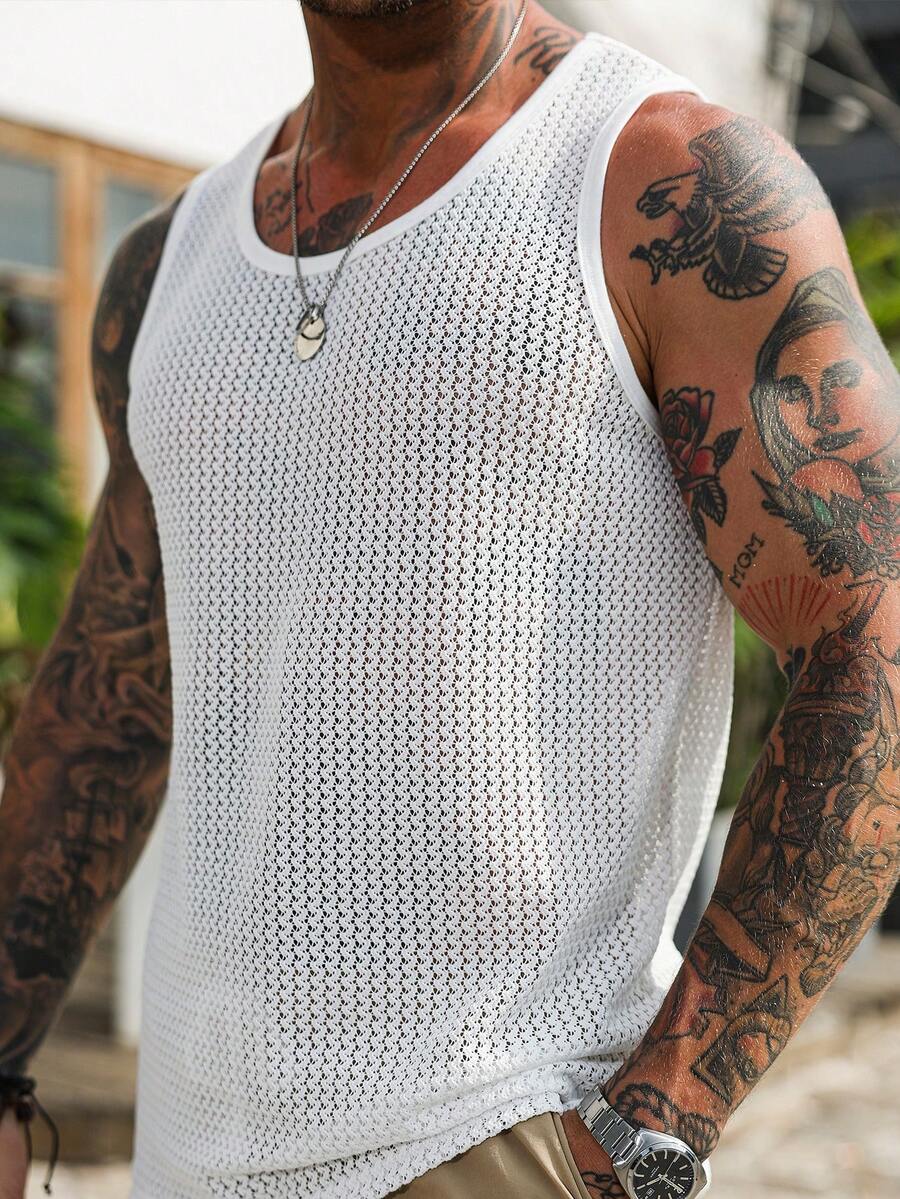 Manfinity Homme 男士加大码无袖背心,镂空提花面料,休闲度假风网眼上衣,男士运动背心,男士吊带背心,男士假日背心 - 白色 - 查看 1