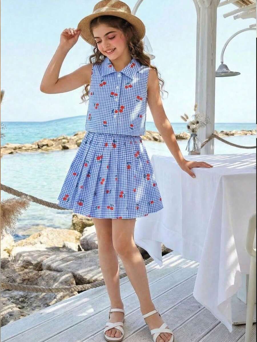 Set de 2 piezas con camisa sin mangas con estampado de cuadros azules y cerezas, combinada con falda plisada a cuadros, adecuado para salidas de primavera/verano, vacaciones y uso diario - Multicolor - Ver 1