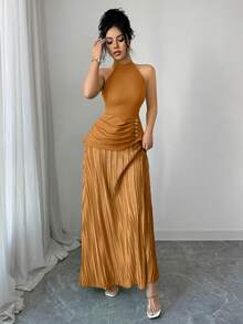 SHEIN Elenzya 女士绿色圆领吊带长裙，夏季度假风优雅无袖褶裥下摆二合一设计连衣裙 - 鵝黃色 - 查看 6