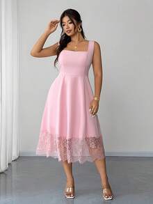 Elenzga Plus Size Women's Spring/Summer New Soft & Smooth Fabric Pink Square Neck Sleeveless Dress, Waist Lace Patchwork Midi Dress. Suitable For Daily Gathering, Sweet Date, Valentine's Day Afternoon Tea, Graduation Party, Beach Vacation, Travel, New Year Music Festival, Elegant Carnival, Romantic Wedding Season And Gentle Guest Attire: Sweet Elegant Style, Minimalist Fashion Plus Size Dress. - Pink - View 5