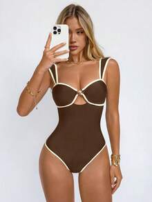 Shapewave Maiô feminino de uma peça com estampa de estrela-do-mar em preto e branco, efeito push-up, controle de barriga, sem costas e com amarração. Ideal para praia, férias e festas. - Castanho - Ver 9