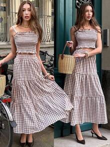 Pariaura Bộ đồ 2 mảnh kẻ caro nâu mùa hè 2026 dành cho nữ, kiểu dáng thường ngày, gồm áo croptop không tay nhún bèo viền bèo và chân váy maxi xếp tầng cạp cao, thích hợp cho kỳ nghỉ biển và phong cách đường phố. - Nhiều màu - Xem 1