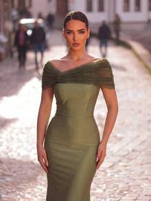 Aureia 优雅浪漫时尚的绿色弹力网纱拼接褶皱鱼尾裙摆礼服，适合派对、婚礼宾客、绿色礼服以及时尚优雅的伴娘礼服。 - 橄欖綠 - 查看 6