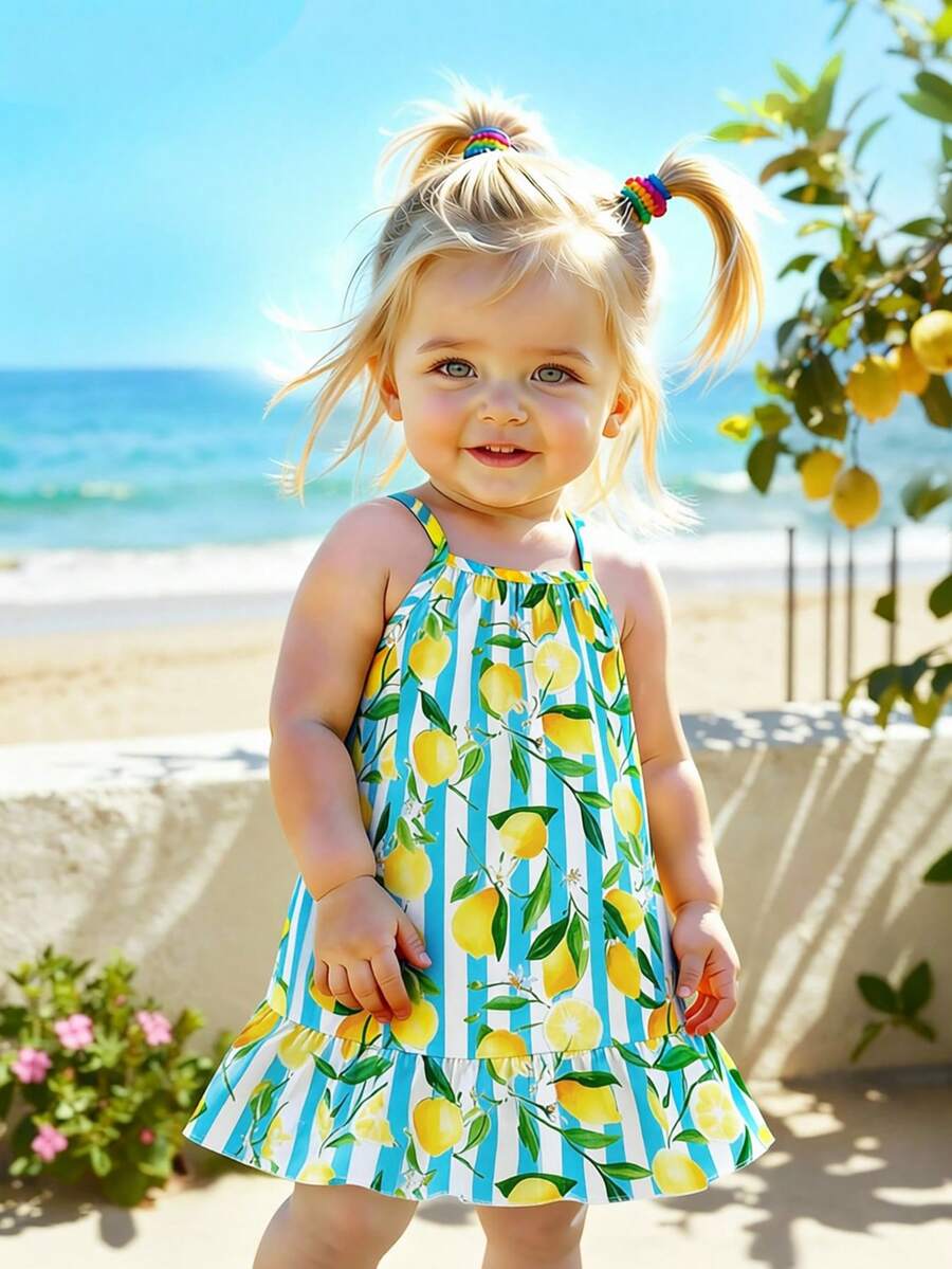 SHEIN Playful Pals 女婴柠檬印花无袖连衣裙,白色底色搭配鲜艳的彩色图案,清新活泼的设计,适合夏季穿着 - 彩色 - 查看 1