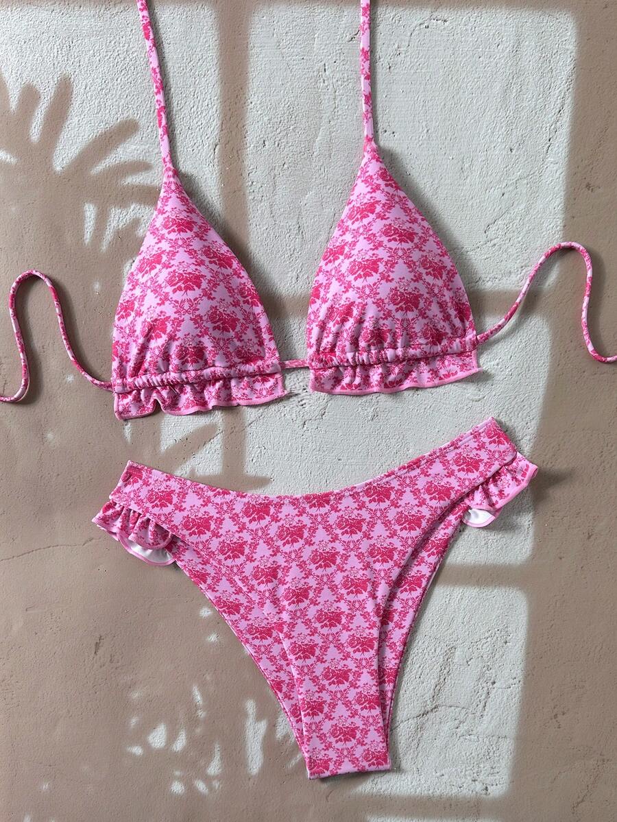 Swim Vcay Women's Pink Floral Print Halter Sexy Beach Vacation Swimsuit Set - Pink - View 1