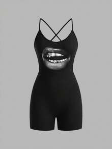 Slaydiva Casual Minimalist Funny Pattern Women's Backless Jumpsuit, Suitable For Summer - Black - View 2