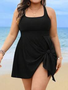 Swim Lushoire Bộ đồ bơi hai mảnh tankini màu trơn cổ vuông dây chéo hai bên xếp nếp dành cho nữ cỡ lớn, kiểu dáng kín đáo, phù hợp cho bãi biển và hồ bơi. - màu đen - Xem 5