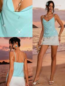 Poéselle 优雅浅蓝色泪滴装饰细肩带，夏季 - 藍色 - 查看 5