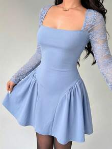 Aloruh Women's Solid Color Light Blue Lace Patchwork Umbrella Skirt - Baby Blue - View 4