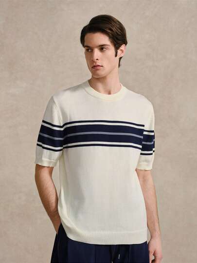 Courvante 男士条纹圆领短袖休闲针织上衣