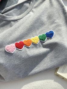 Comfortcana Tricou colorat 3D din pluș cu inimă, guler rotund, mânecă scurtă, casual, gri deschis, mărime plus - Gri deschis - Vizualizare 3