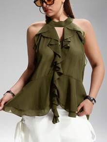 LYSMO Blusa de talla grande con cuello anudado y volantes de unicolor simple - Verde - Ver 3