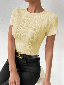 Chiquease Summer Casual Solid Color Textured Slim Fit T-Shirt - Yellow - View 3