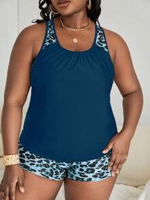 Swim Lushoire 2026 Plus Size Women Leopard Print Tankini Swimsuit Set - Teal Blue - View 3