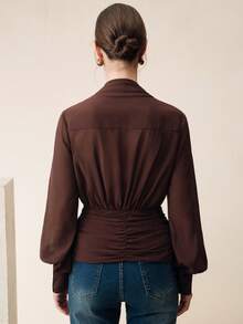 Anewsta Áo kiểu nữ mới, cổ chữ V sâu, chất liệu chiffon mỏng nhẹ, xếp ly, tay dài, ôm eo, thanh lịch. - màu nâu - Xem 7