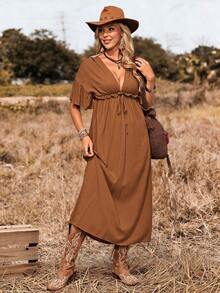 SHEIN LUNE Solid Color Deep V-Neck Ruffle Tie Front Casual Vacation Dress - Rust Brown - View 5
