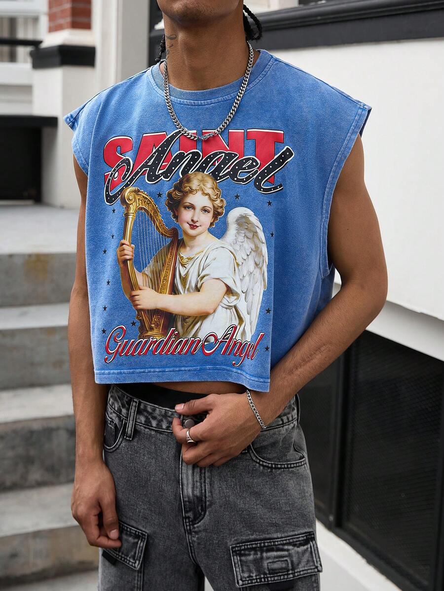 GALLERY FADE 男士休闲天使字母印花背心，夏季 - 藍色 - 查看 1