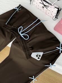 SHEIN EZwear 大码女式休闲日常通勤时尚街头抽绳腰带撞色滚边蝴蝶结装饰宽松阔腿裤 - 棕色 - 查看 5