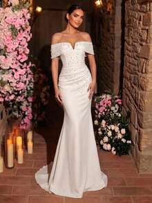 Glamrae Đầm trắng thanh lịch và quyến rũ cổ chữ V trễ vai, chất liệu dệt kim co giãn, xếp ly, dáng đuôi cá ôm sát, xẻ tà cao, thích hợp cho đám cưới, tiệc tùng, lễ tốt nghiệp, kỳ nghỉ, váy cưới. - trắng - Xem 3