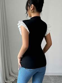Rafferiza 女士返校办公休闲立领荷叶边袖口二合一修身舒适吊带背心罗纹上衣女款修身上衣女款最新款女式上衣女款新品女式上衣女士紧身上衣女士上衣黑白上衣荷叶边袖上衣拉链上衣Yk2k上衣瑜伽上衣拉链背心 - 黑色 - 查看 3