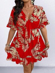 Plus Size Casual Vacation Floral Print Ruffle Hem Dress - Red - View 3