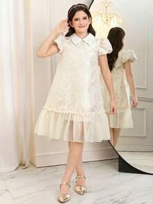 SHEIN 少女翻领短袖网纱连衣裙 象牙色连衣裙 女童白色优雅连衣裙 - 杏色 - 查看 4