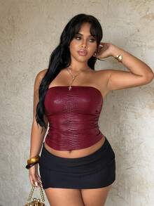 Rustia 夏季新款性感紧身抹胸露背百搭短款上衣 - 酒紅色 - 查看 5