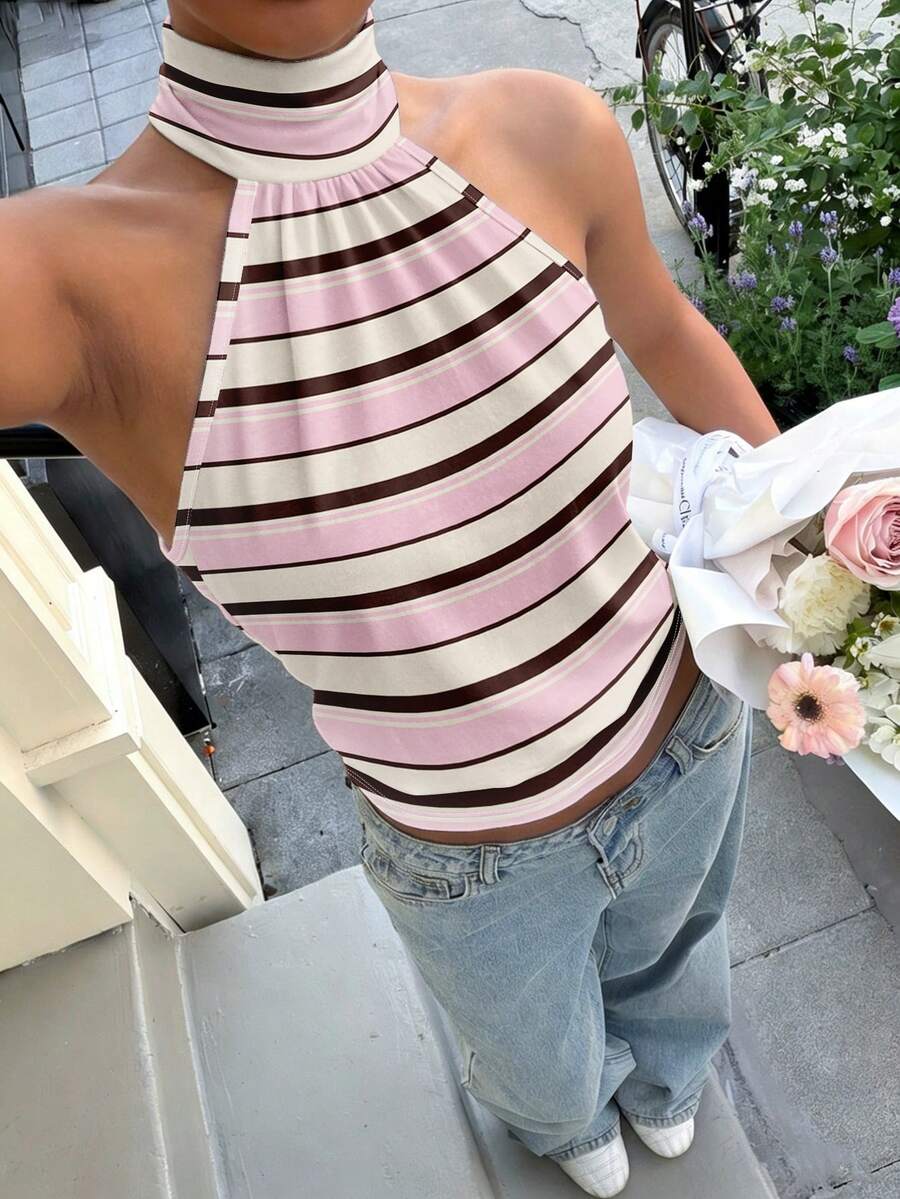 Muchica 女士撞色条纹高领拉链针织吊带背心，无袖，简约休闲，适合日常通勤，夏季百搭 - 彩色 - 查看 1