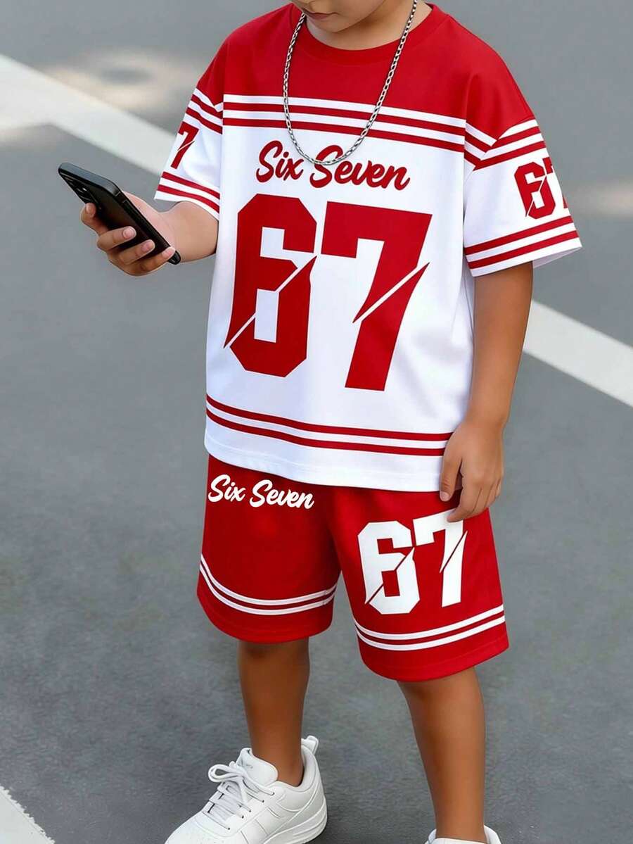 2件套幼儿男童休闲创意数字67条纹撞色字母印花短袖T恤和短裤套装,舒适百搭,适合春夏季日常穿着 - 彩色 - 查看 1