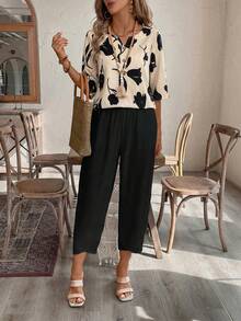 EMERY ROSE Bộ áo sơ mi và quần lửng in họa tiết hoa dành cho nữ - Màu be - Xem 4