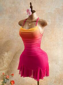 Mistrie New Sexy Slim Fit Backless Strapless Gradient Suspender Dress - Hot Pink - View 5