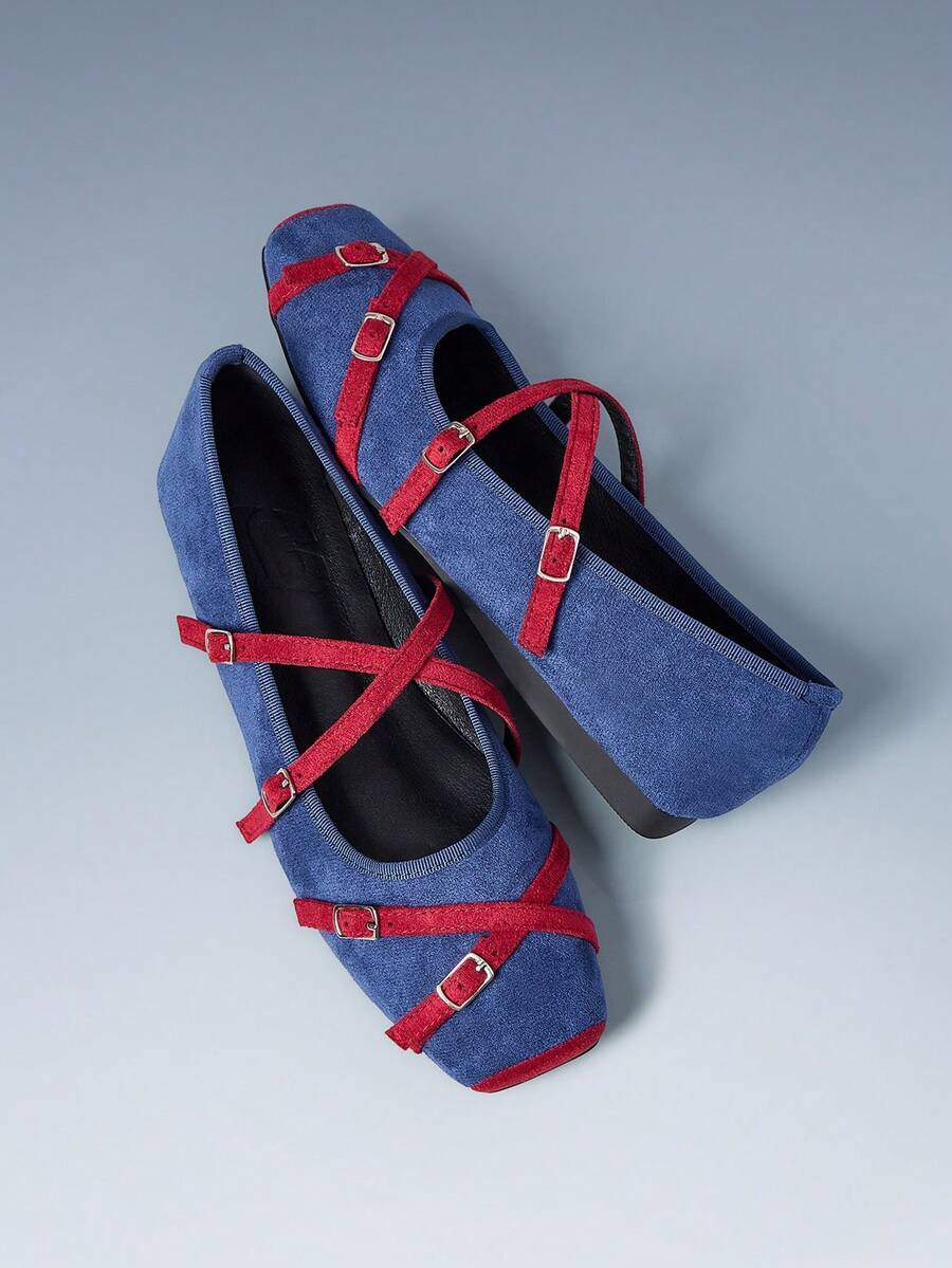 CUCCOO GRLICON 女士平底鞋，方头撞色搭扣设计，休闲平底鞋，机车风穿搭，酷女孩必备，适合春夏、度假、旅行，2000年代风格 - 牛仔藍 - 查看 1