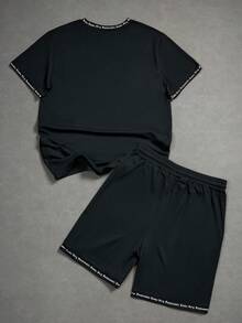 Claim Dot 男士字母印花T恤和短裤套装 - 黑色 - 查看 2