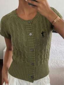 INAWLY 女士针织开衫，麻花针织纹理，带纽扣 - 橄欖綠 - 查看 6