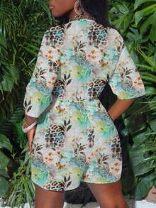 Slaydiva 春夏新款度假扭结前襟镂空七分袖宽松连体裤/新款音乐节/西部风/波西米亚风/复活节/纳什维尔/休闲百搭休闲/旅行海滩日光浴/度假/热带印花 - 彩色 - 查看 3